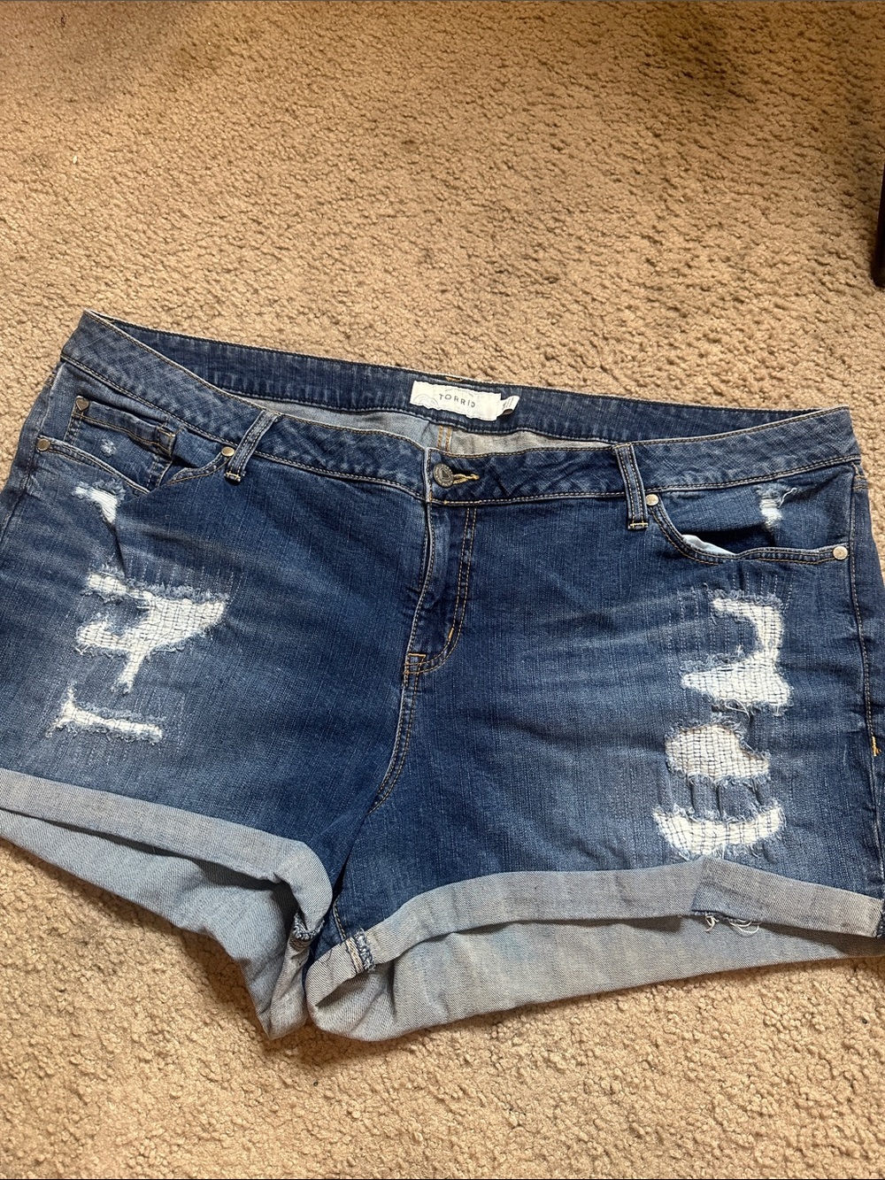 TORRID Dark Blue Distressed Rolled Hem Denim Shorts Size 26 Zip Fly Front